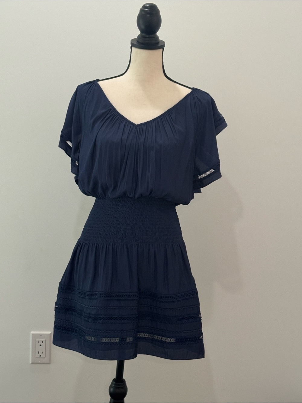 Ramy Brook Silk Fit and Flared Smocked Waist Pleated Mini Dress Navy V-Neck NWOT